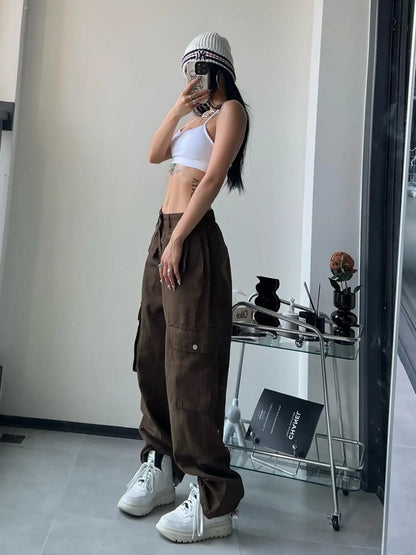 Vintage Brown Cargo Pants for Women - 90s Baggy Streetwear Hippie Trousers with Gyaru & Baddies Aesthetic -dropshippingabc.com