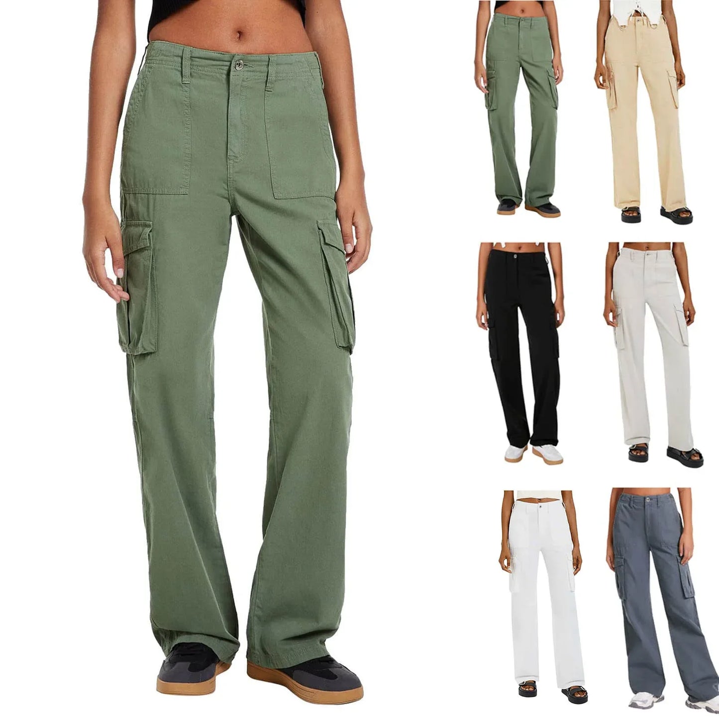 Women's Adjustable Cargo Pants - High Waist Straight Fit Baggy Wide Leg Trousers with Pockets Retro Street Style -dropshippingabc.com