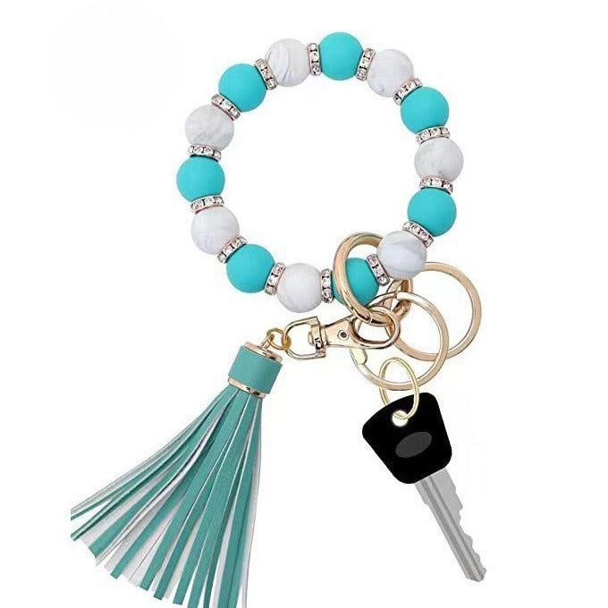 PU Tassel Keychain Women's Bag charm Silicone Beaded Keychain Wristlet Key Ring Bracelet Cute Car Key Chain Holder for Women Girls