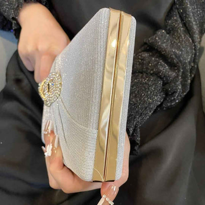 Long Rectangle Clutch Bag with Diamond Ribbon Button - Elegant Evening Purse for Wedding & Birthday Dinner
