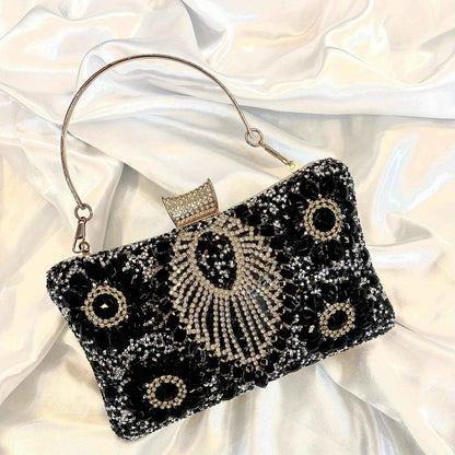 Handmade Rhinestone Evening Bag - Metal Top Handle Bar with Detachable Crossbody Chain for Party Prom Wedding
