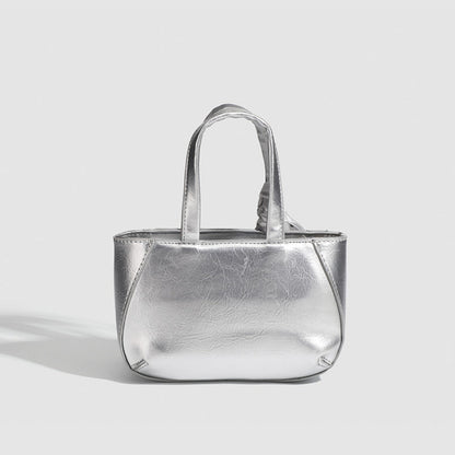 Metallic Small Tote Bag with Detachable Crossbody Strap - Fashionable Silver Square Handbag for Ladies -dropshippingabc.com