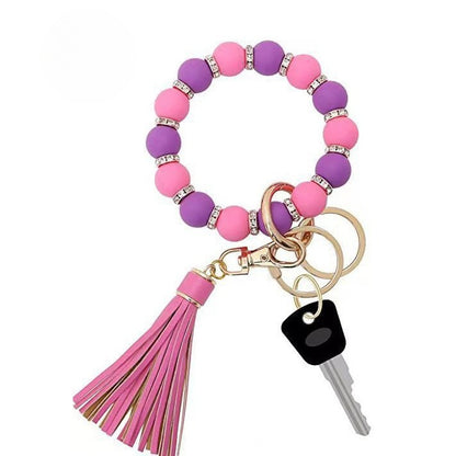 PU Tassel Keychain Women's Bag charm Silicone Beaded Keychain Wristlet Key Ring Bracelet Cute Car Key Chain Holder for Women Girls