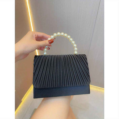 Women's Satin Pleated Evening Purse - Pearl Top Handle Flap Clutch, Unique French Banquet Bag for Party Prom
