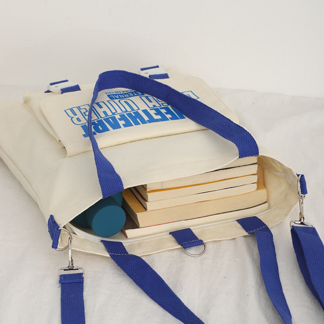 Letter Pattern Printed Canvas Bag - Student Shoulder Tote with Zipper, Shopping Canvas Bag -dropshippingabc.com