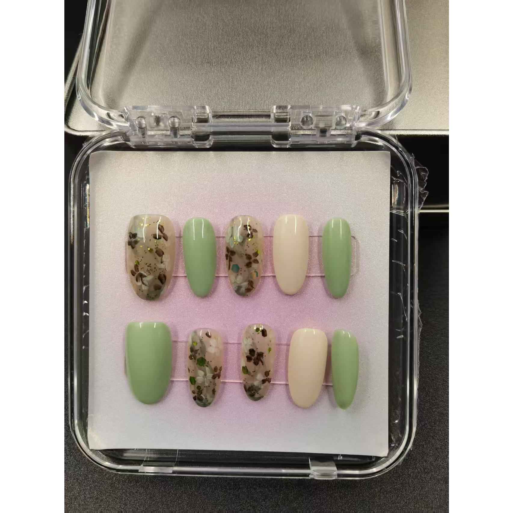 Floral Press On Nails - Short Almond Metallic Mirror Shiny False Nails with Glue Kit 1040