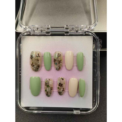 Floral Press On Nails - Short Almond Metallic Mirror Shiny False Nails with Glue Kit 1040