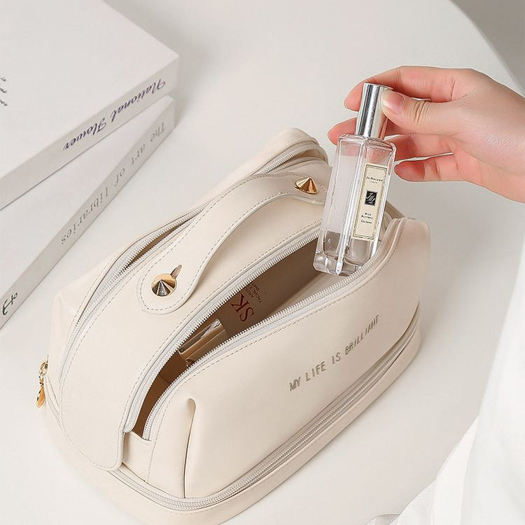 Double Layer Makeup Bag for Women - Large Capacity PU Leather Toiletry Organizer with Dual Zippers -dropshippingabc.com