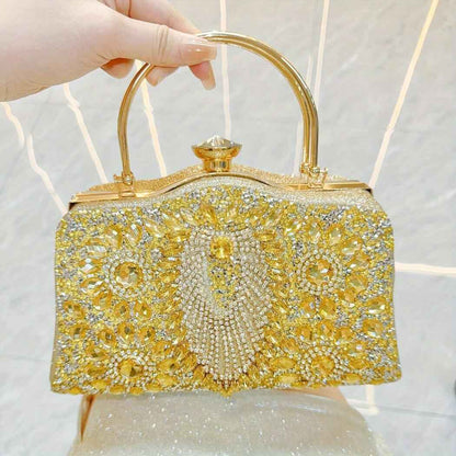 Nightout Bag with Diamond Inlaid Metal Handle - Large Evening Clutch Purse for Ladies Banquet, Single Shoulder & Crossbody Carry