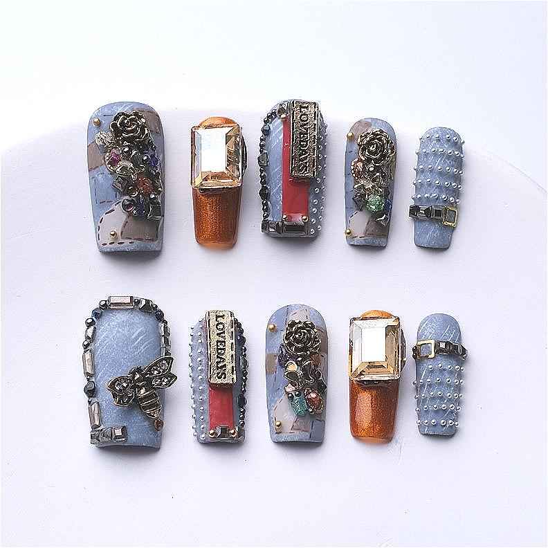 3D Jean Blue Retro Press on Nails - Handmade Square False Nails with Design, Reusable Acrylic Gift Set 1066