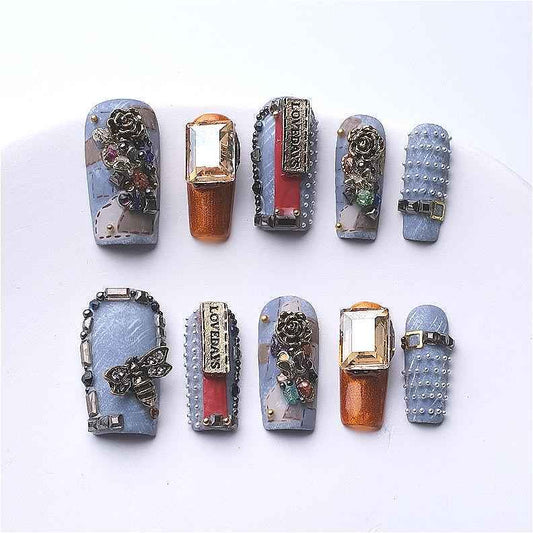 3D Jean Blue Retro Press on Nails - Handmade Square False Nails with Design, Reusable Acrylic Gift Set 1066