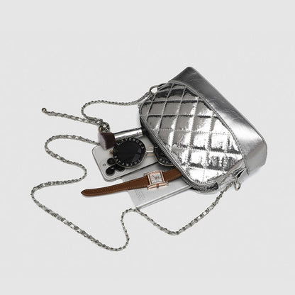 Small Casual Crossbody Bag with Long Chain Strap - Silver Metallic Checkered Shoulder Bag for Women -dropshippingabc.com