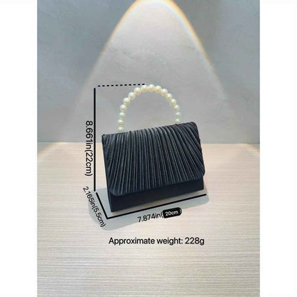 Women's Satin Pleated Evening Purse - Pearl Top Handle Flap Clutch, Unique French Banquet Bag for Party Prom