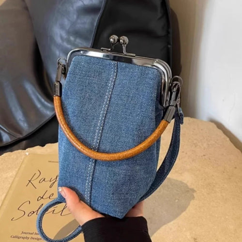 Denim Phone Bag with Clasp Closure - Soft Leather Handle & Adjustable Crossbody Strap -dropshippingabc.com
