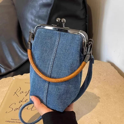 Denim Phone Bag with Clasp Closure - Soft Leather Handle & Adjustable Crossbody Strap -dropshippingabc.com