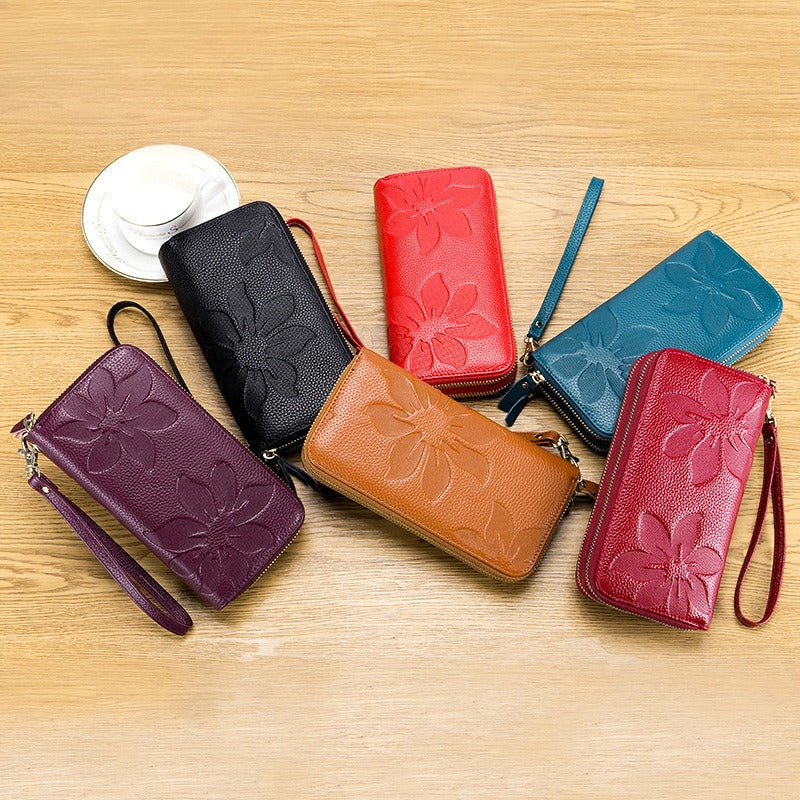 Women's Leather Double Zipper Wallet - Solid Color Large Capacity Long Phone Wallet from First-Layer Cowhide -dropshippingabc.com