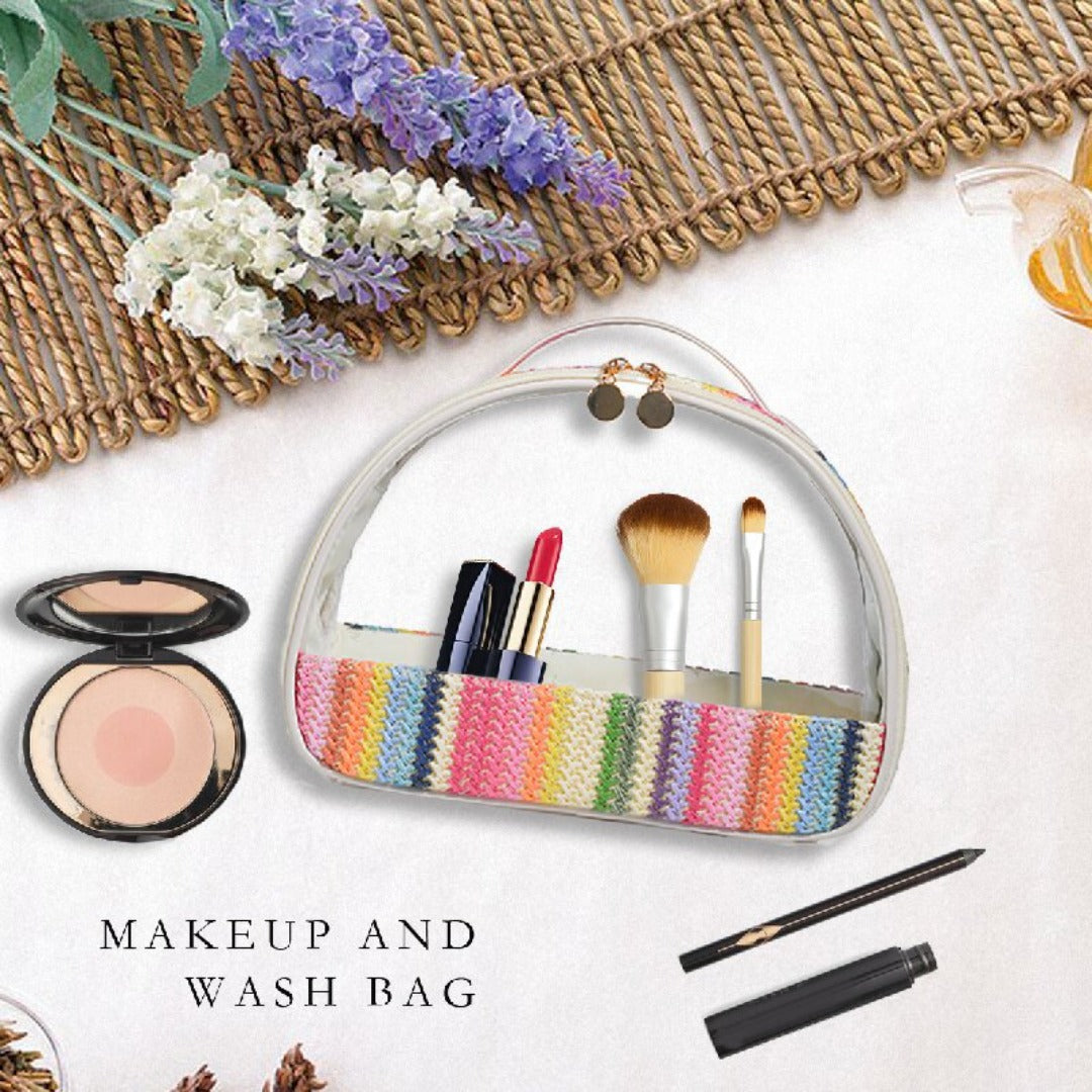 Semicircular Straw & PVC Cosmetic Bag - Waterproof Woven Travel Toiletry Organizer -dropshippingabc.com