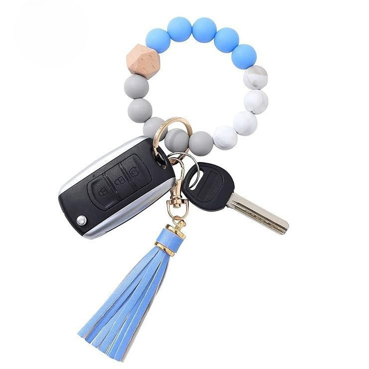 PU Tassel Keychain Bag charm Silicone Beaded Keychain Wristlet Key Ring Bracelet Cute Car Key Chain Holder for Women Girls