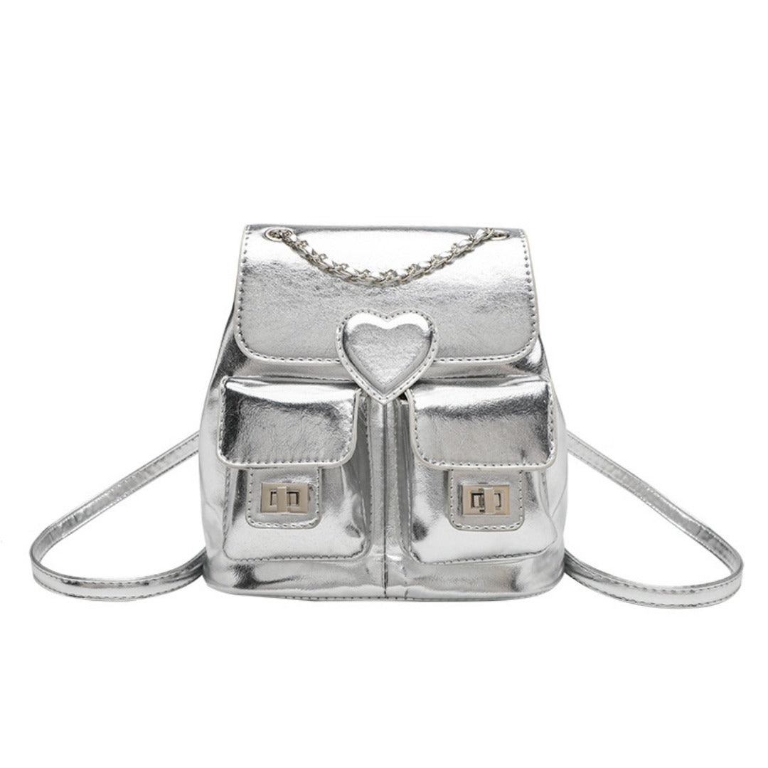 Silver Backpack Purse for Women - Elegant Metallic Finish Fashion Bag with Chain Strap, Versatile Travel Bucket Bag -dropshippingabc.com