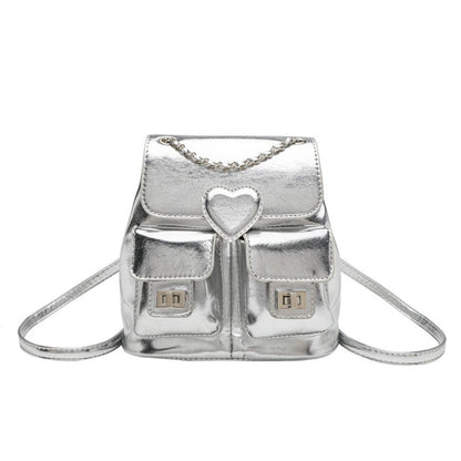 Silver Backpack Purse for Women - Elegant Metallic Finish Fashion Bag with Chain Strap, Versatile Travel Bucket Bag -dropshippingabc.com