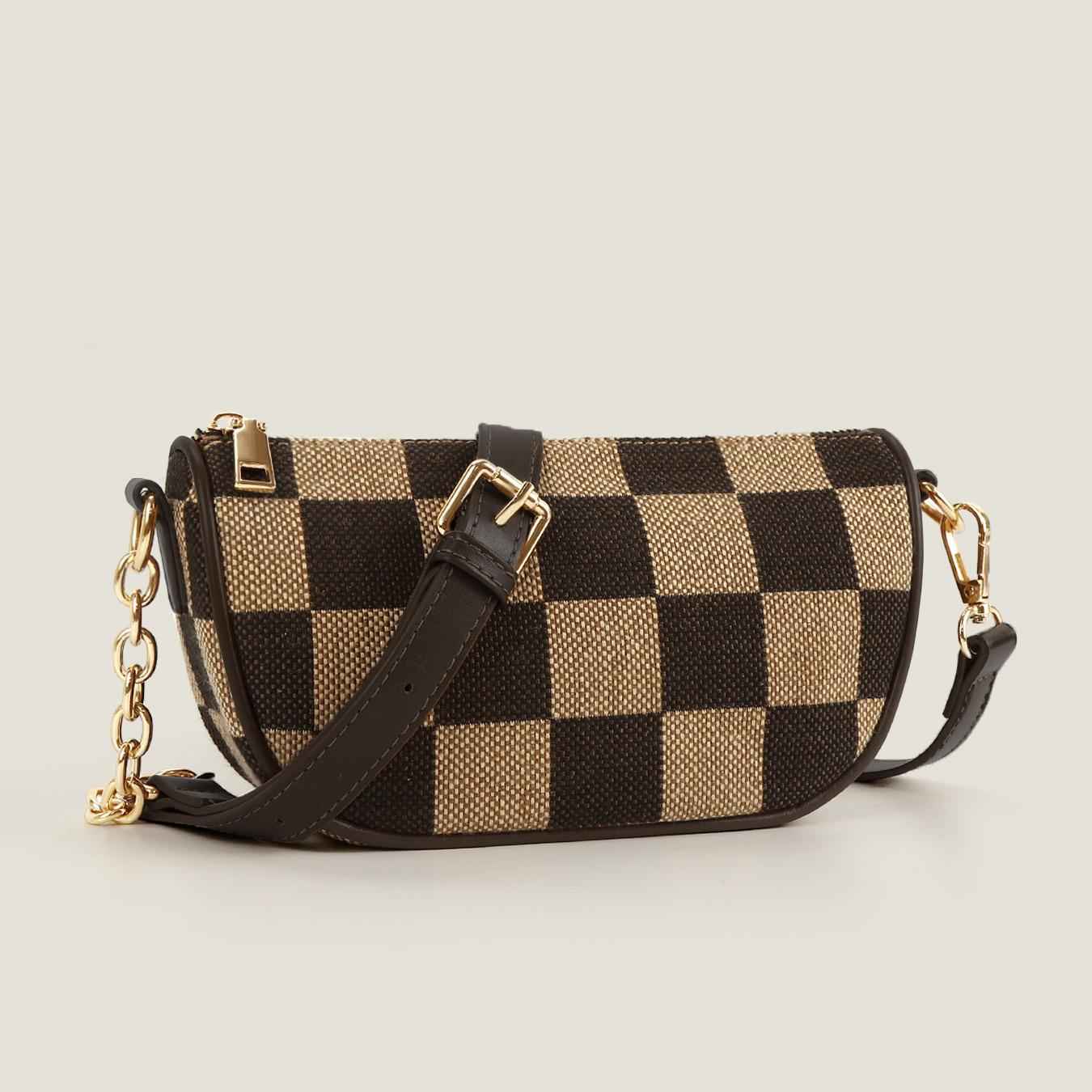 Checkerboard Canvas Crossbody Bag - 2-in-1 Compact Chest Bag & Fanny Pack with Earphone Storage