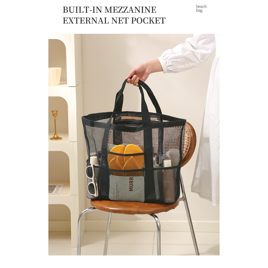 Mesh Shower Tote Bag, Portable Beach Bag, Summer Travel Large Capacity Portable Mesh Tote Bag, Foldable Wash and Makeup bag large