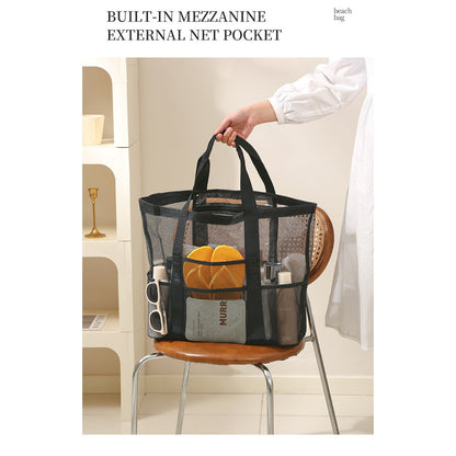 Mesh Shower Tote Bag, Portable Beach Bag, Summer Travel Large Capacity Portable Mesh Tote Bag, Foldable Wash and Makeup bag large