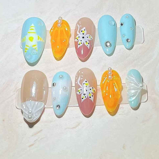 Handmade 3D Floral Almond Press On Nails - Short Seashell Glitter Gradient Design, Shiny False Nails with Glue for Women 1072
