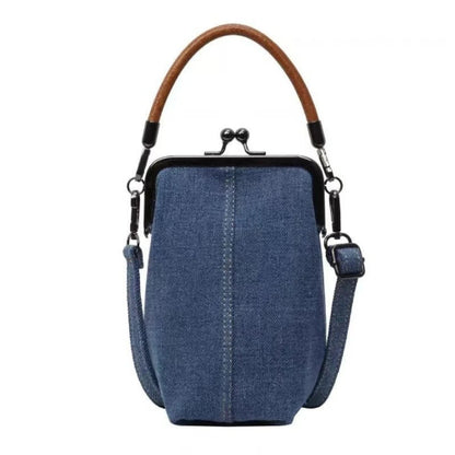 Denim Phone Bag with Clasp Closure - Soft Leather Handle & Adjustable Crossbody Strap -dropshippingabc.com
