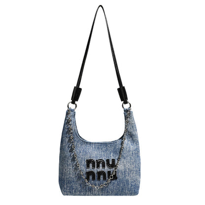 Simple Retro Small Crossbody Denim Slouch Bag - Versatile Denim Hobo Purse with Chain Strap -dropshippingabc.com