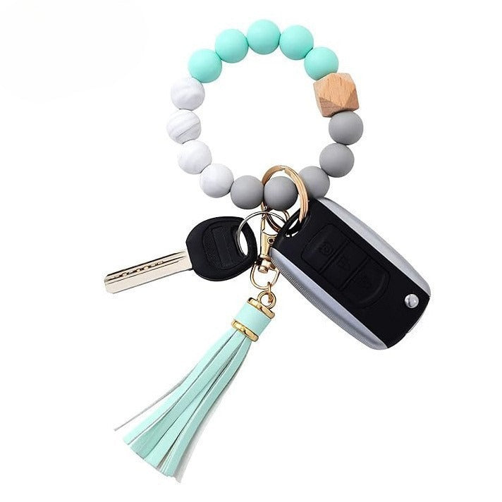 PU Tassel Keychain Bag charm Silicone Beaded Keychain Wristlet Key Ring Bracelet Cute Car Key Chain Holder for Women Girls