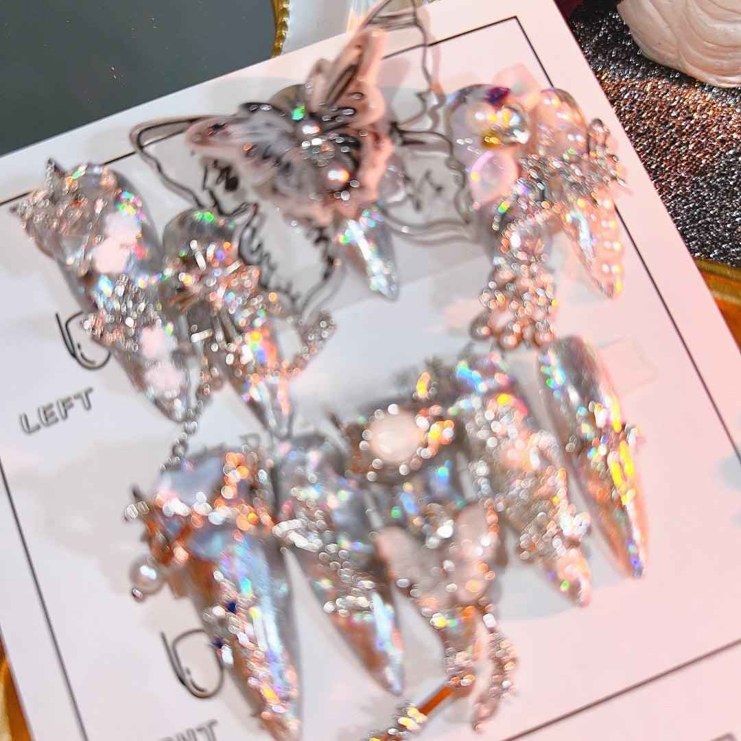 3D Butterfly & Bead Tassel Press On Nails - Short Stiletto Bohemian Fake Nails with Glue Kit #1017