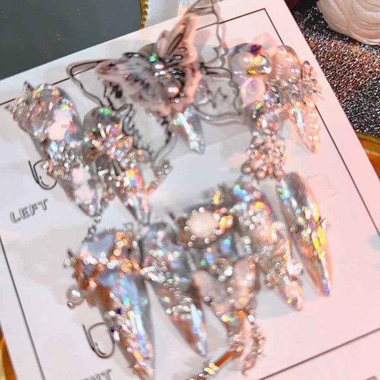 3D Butterfly & Bead Tassel Press On Nails - Short Stiletto Bohemian Fake Nails with Glue Kit #1017