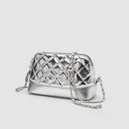 Small Casual Crossbody Bag with Long Chain Strap - Silver Metallic Checkered Shoulder Bag for Women -dropshippingabc.com