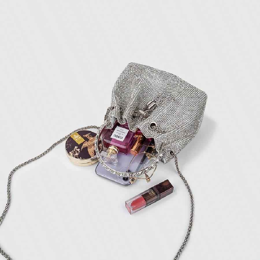 Glamorous Rhinestone Evening Bag - Gold & Silver Drawstring Clutch with Crossbody Chain for Wedding Prom Parties