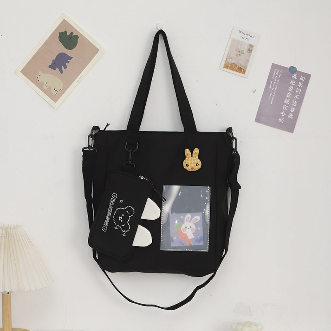 Cartoon Canvas Bag with Bunny Pendant - Cute Self-Contained Student Shoulder Tote Bag -dropshippingabc.com