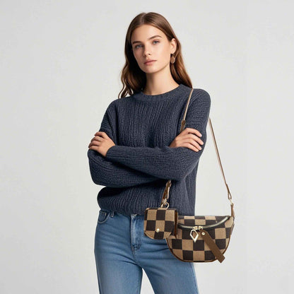 Checkerboard Canvas Crossbody Bag - 2-in-1 Compact Chest Bag & Fanny Pack for Everyday Commute