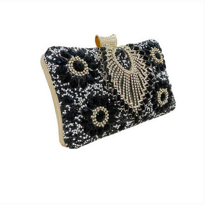 Handmade Rhinestone Evening Bag - Metal Top Handle Bar with Detachable Crossbody Chain for Party Prom Wedding