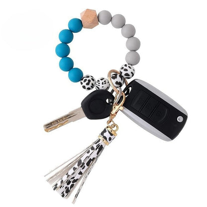 PU Tassel Keychain Bag charm Silicone Beaded Keychain Wristlet Key Ring Bracelet Cute Car Key Chain Holder for Women Girls