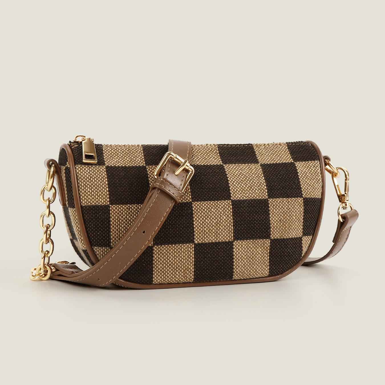Checkerboard Canvas Crossbody Bag - 2-in-1 Compact Chest Bag & Fanny Pack with Earphone Storage