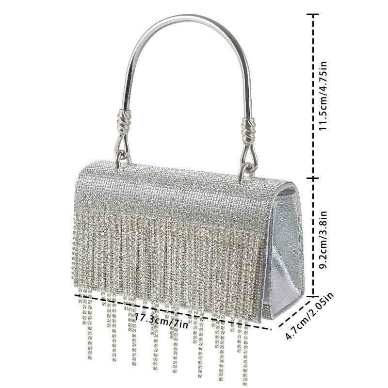 Rectangle Evening Clutch Purse with Glittering Rhinestone Tassel - Small Square Bag with Metal Handle & Detachable Chain