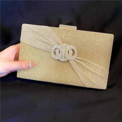 Long Rectangle Clutch Bag with Diamond Ribbon Button - Elegant Evening Purse for Wedding & Birthday Dinner