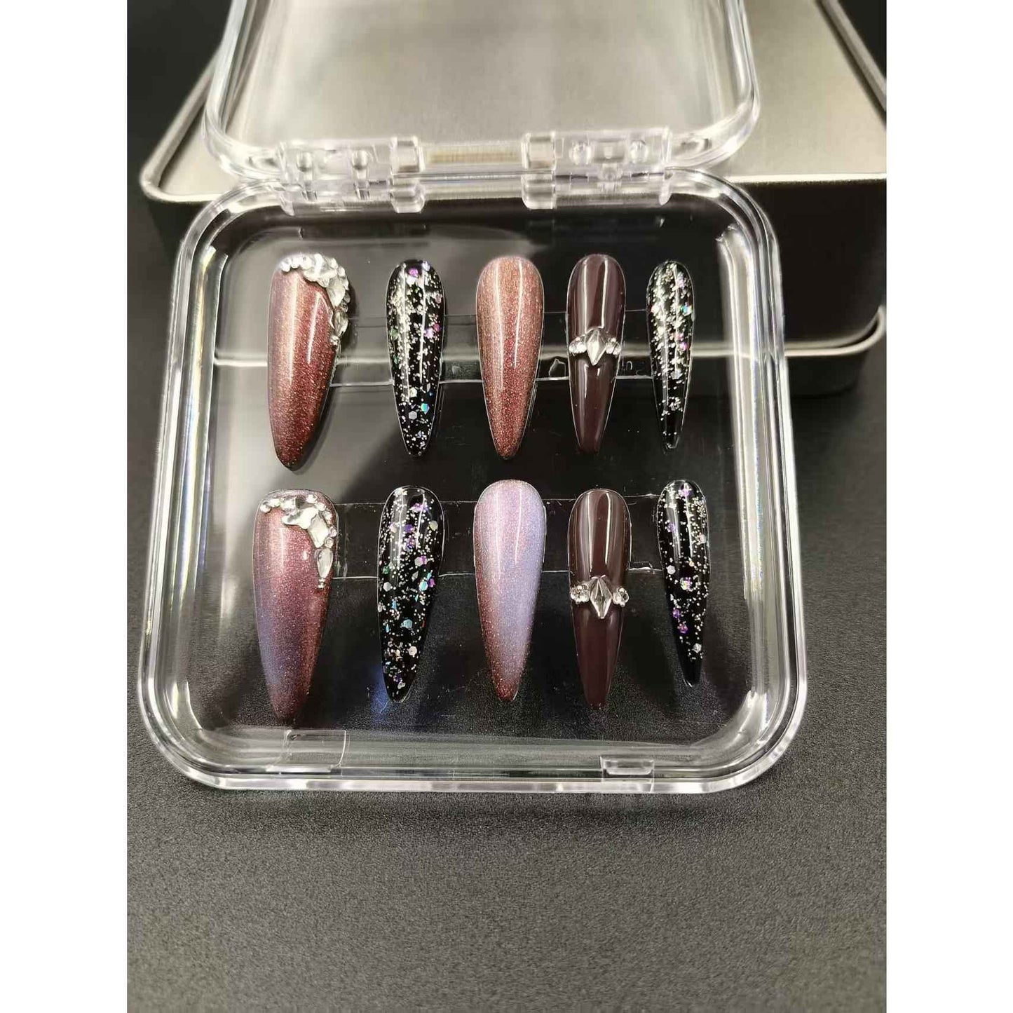 Shiny Black Stiletto Press On Nails - Medium Length Glossy Fake Nails Removable with Glue Kit #1043