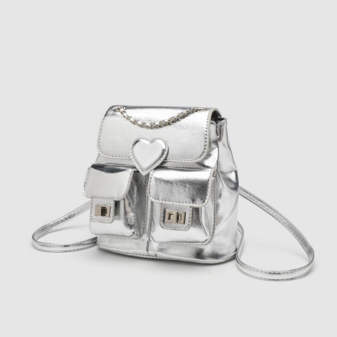 Silver Backpack Purse for Women - Elegant Metallic Finish Fashion Bag with Chain Strap, Versatile Travel Bucket Bag -dropshippingabc.com