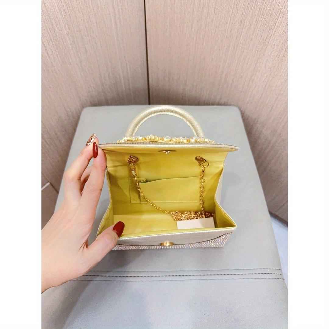 Square Leather Evening Purse - Metal Top Handle Clutch with Detachable Crossbody Chain for Wedding & Birthday Parties