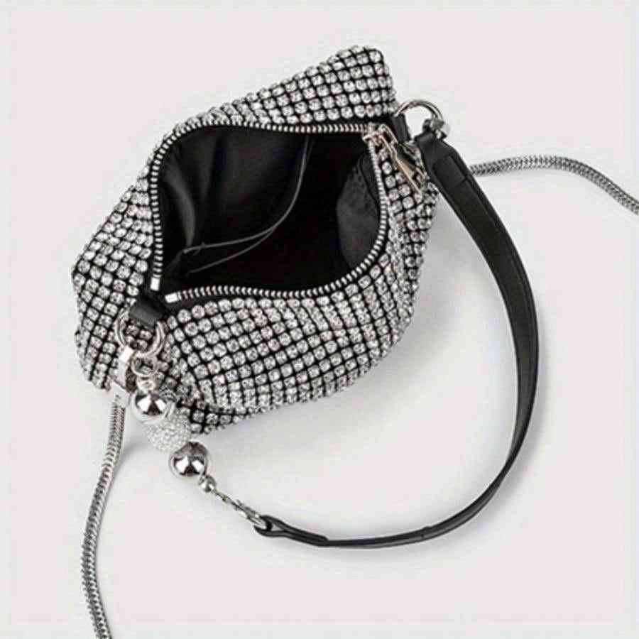 Fully Rhinestone Evening Bag - Rectangle Shape with Leather Handle & Detachable Crossbody Chain, Small Party Shoulder Purse