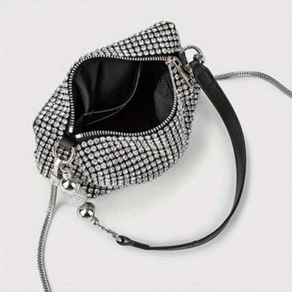 Fully Rhinestone Evening Bag - Rectangle Shape with Leather Handle & Detachable Crossbody Chain, Small Party Shoulder Purse
