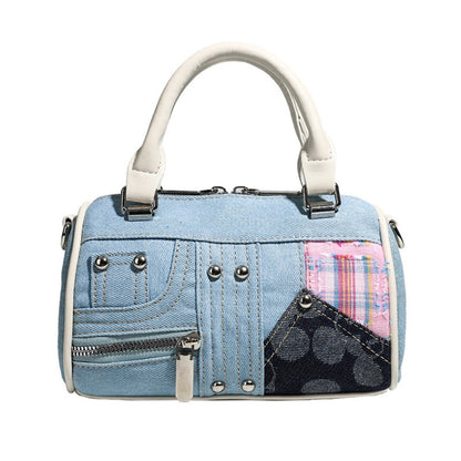 Denim Patchwork Boston Tote Bag for Women - Small Tote Purse with Detachable Crossbody Strap, Versatile Fashion Handbag for Girls -dropshippingabc.com