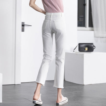 Women's White Thin Straight Leg Jeans - Slim Fit Cropped Pants for Spring and Autumn -dropshippingabc.com