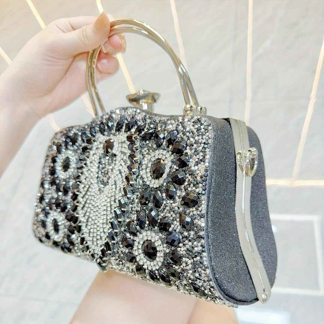 Nightout Bag with Diamond Inlaid Metal Handle - Large Evening Clutch Purse for Ladies Banquet, Single Shoulder & Crossbody Carry